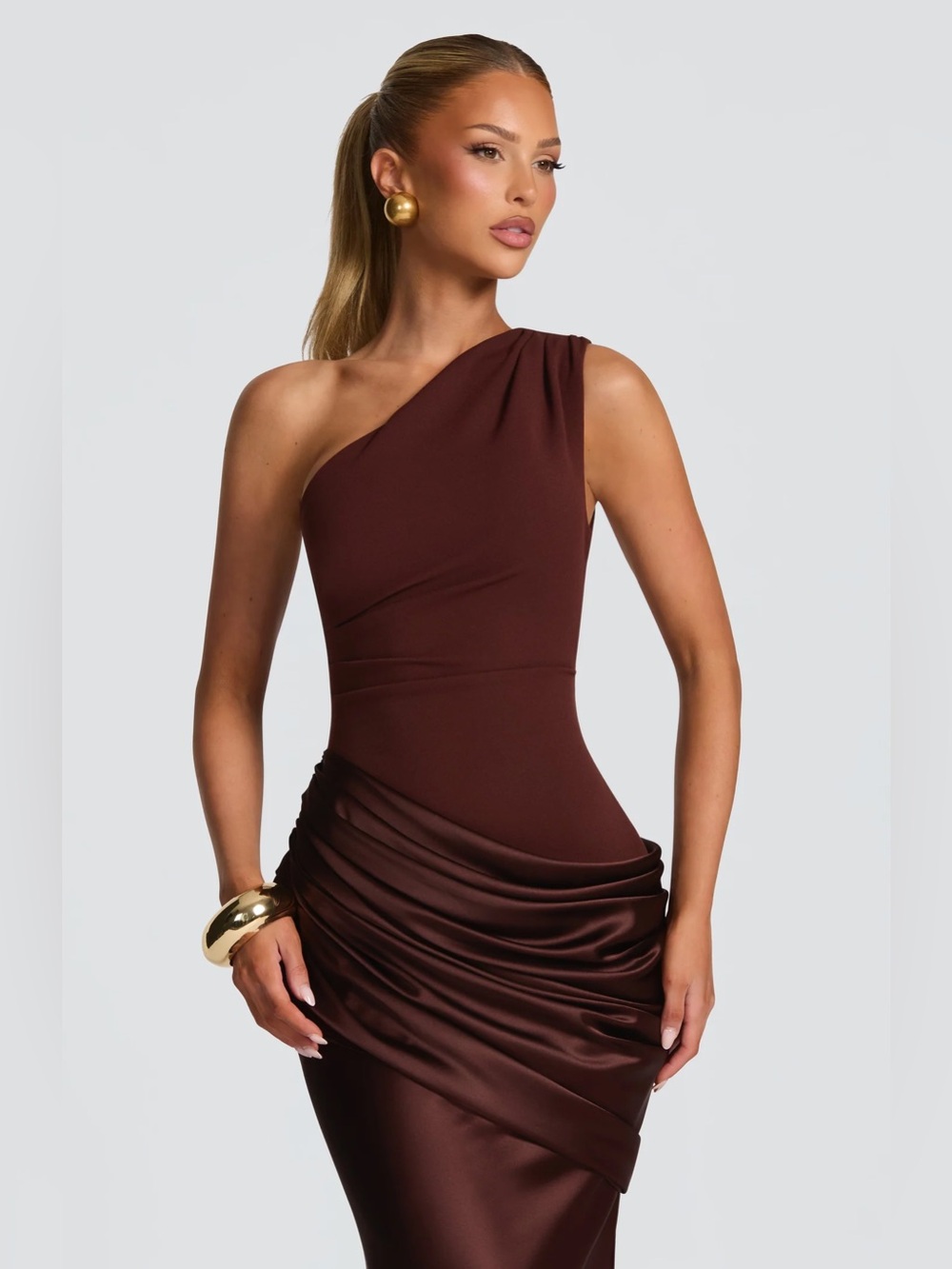 One-Shoulder Chocolate Brown Ruched Satin Hem Dress